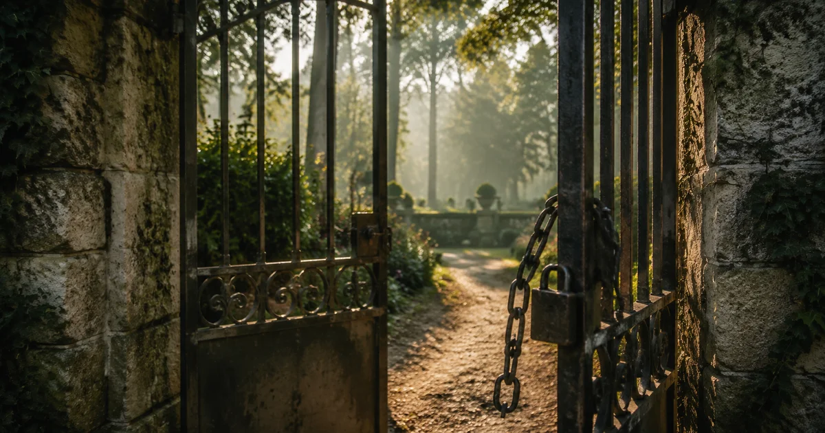 A garden gate left slightly open with a loose chain and padlock still looped through it