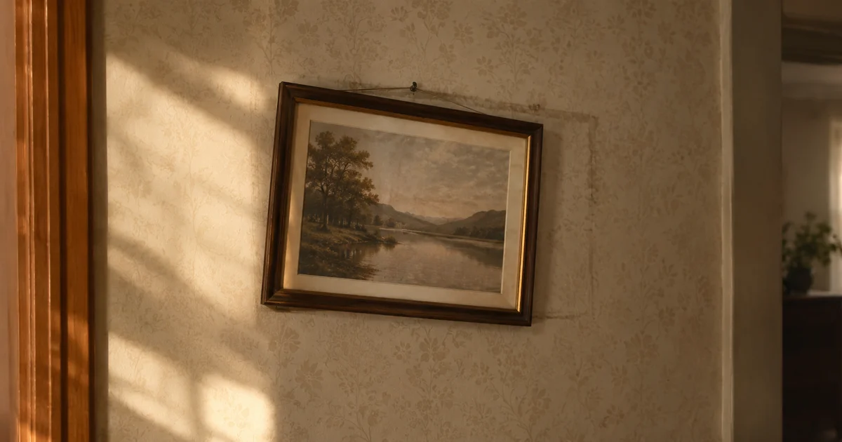 A picture frame hanging crooked on a hallway wall with a faded outline around it