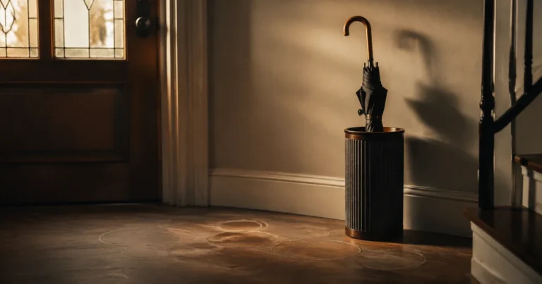 An umbrella stand by a front door with a single umbrella and faint outlines where others once stood