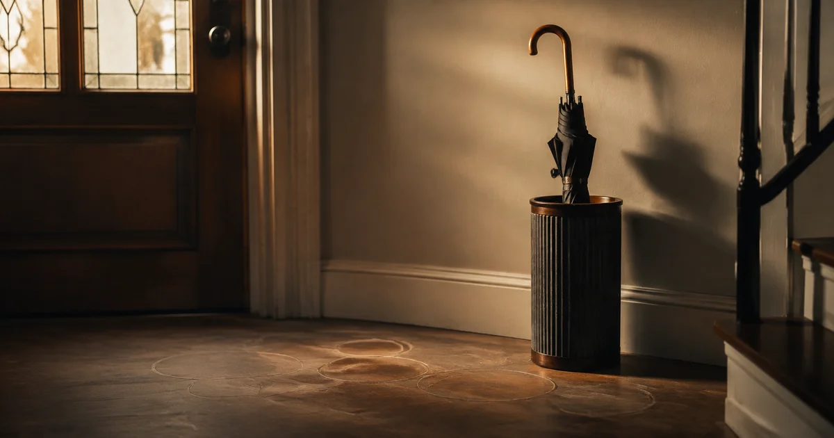 An umbrella stand by a front door with a single umbrella and faint outlines where others once stood