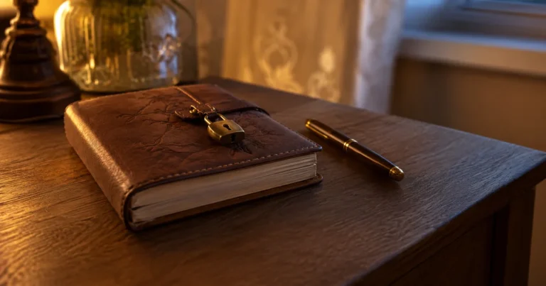 A small locked diary resting closed on a nightstand beside an unused pen