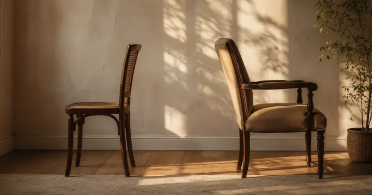 Two mismatched vintage chairs facing opposite directions in a sunlit room