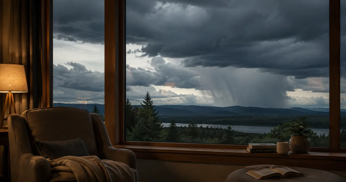 A heavy storm cloud visible through a window with a calm interior room in soft lamp light