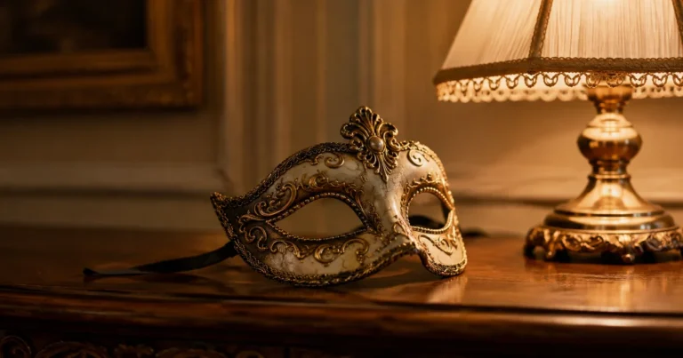 An ornate masquerade mask resting on a side table beside a softly lit lamp