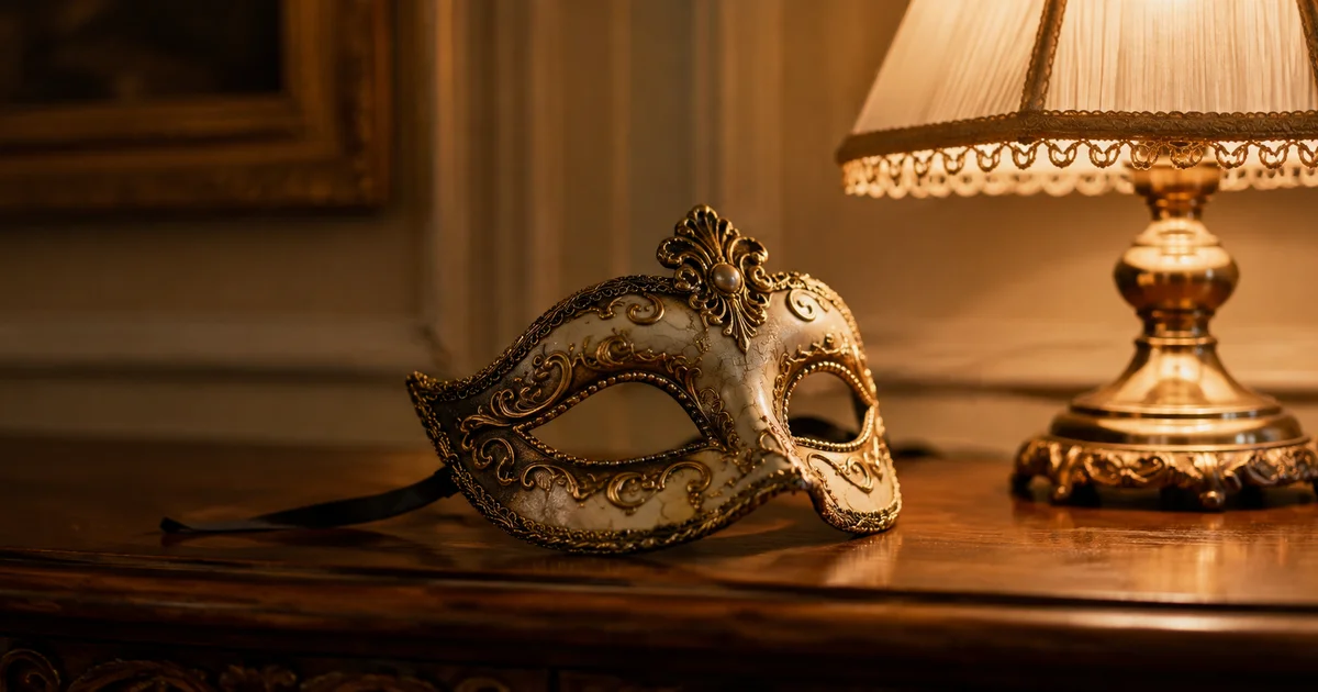 An ornate masquerade mask resting on a side table beside a softly lit lamp