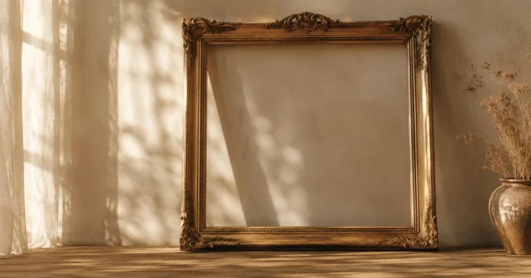 An empty ornate picture frame leaning against a sunlit wall with nothing inside it