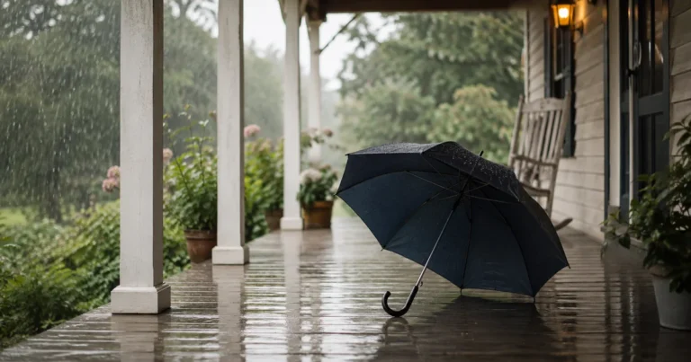 A single umbrella left open and unused on a covered porch during light rain
