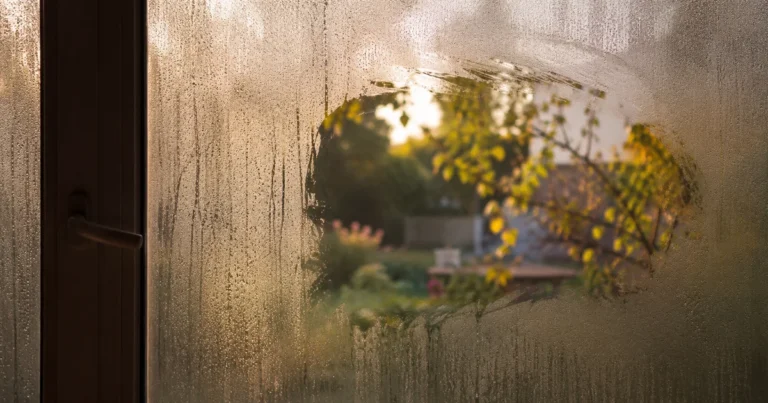 A foggy window with a hand-wiped clear patch revealing part of a garden outside