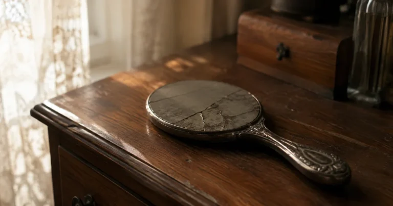 A cracked antique hand mirror resting face-down on a wooden dresser in soft window light