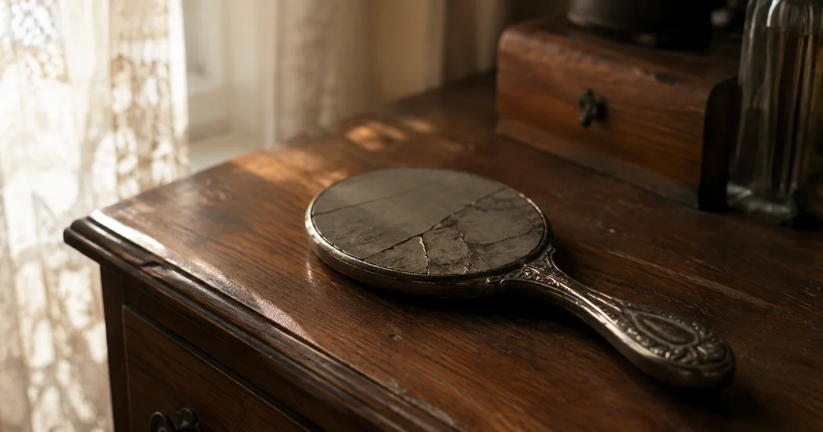A cracked antique hand mirror resting face-down on a wooden dresser in soft window light