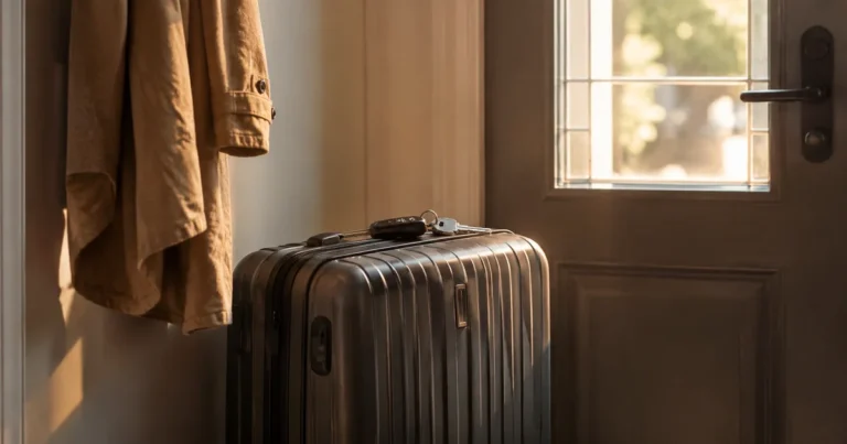 A packed suitcase by a front door with car keys resting on top and a coat on a hook beside it