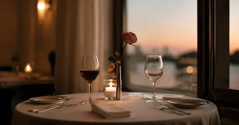 A candlelit table for two with one untouched wine glass and a single wilting rose