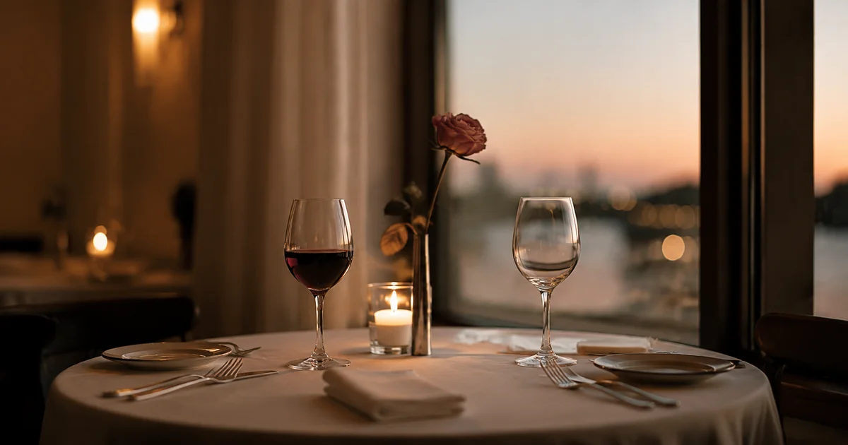 A candlelit table for two with one untouched wine glass and a single wilting rose