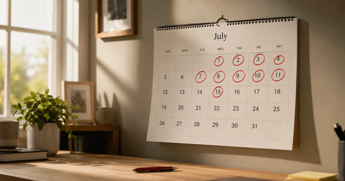 A wall calendar with several days circled in red ink and a red pen resting on the desk below it