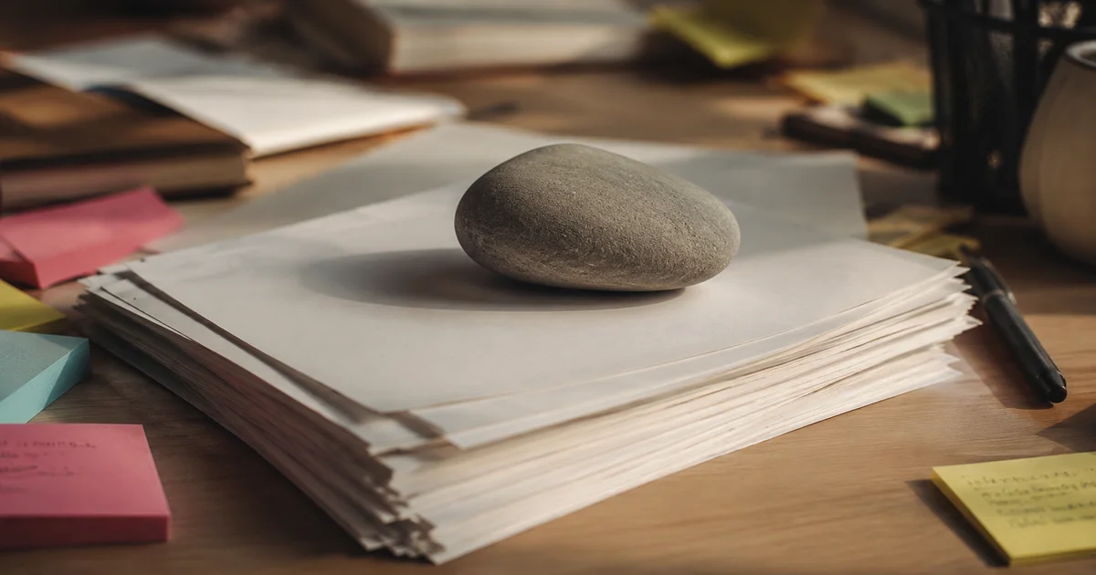 A smooth gray stone resting on plain white paper amid scattered colorful sticky notes on a desk