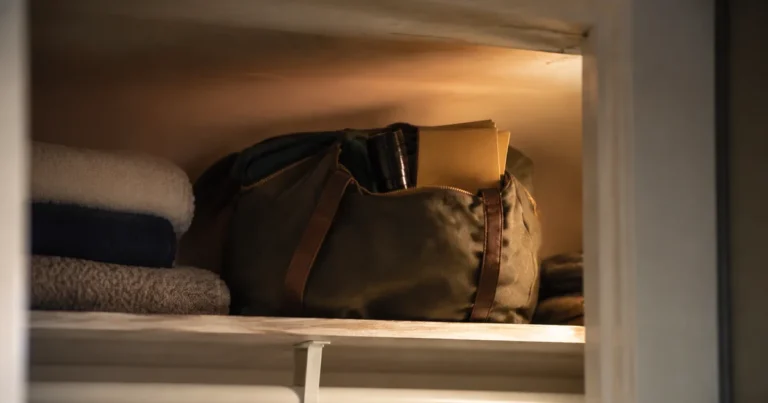 A packed overnight bag tucked on a closet shelf with a flashlight and folder visible at its opening