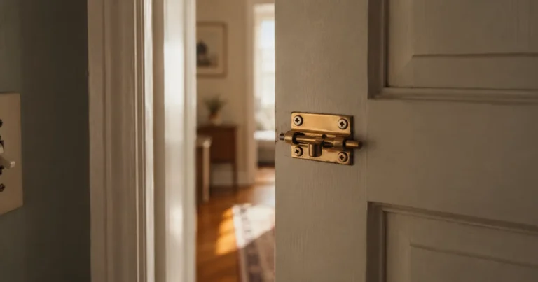 A small brass slide-lock newly installed on the inside of a bedroom door, catching soft afternoon light