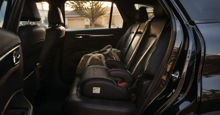 A child's booster seat in the back of a car seen through the open door, with a small duffel bag beside it
