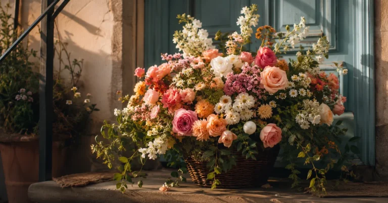 An overflowing bouquet of fresh flowers left on a doorstep in soft morning light