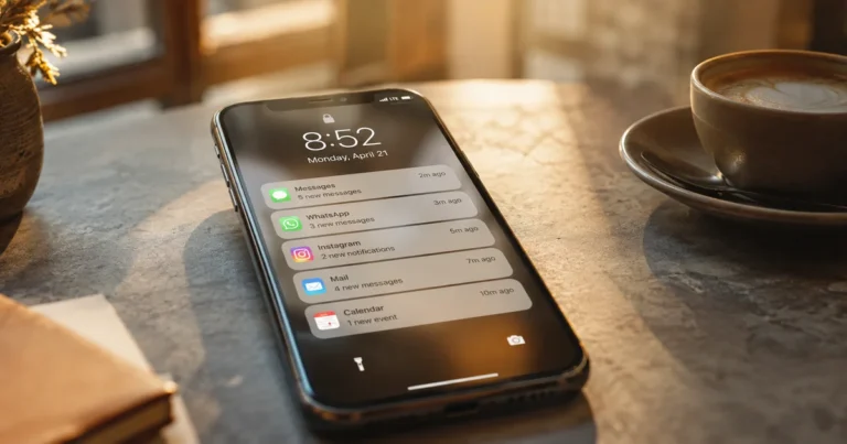 A phone resting face-up on a table showing a stack of unread message notifications