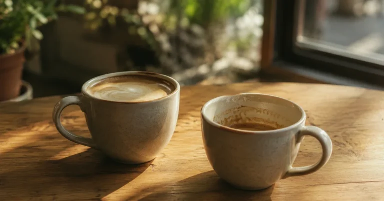 Two coffee cups on a table, one full and one half empty, in soft afternoon light