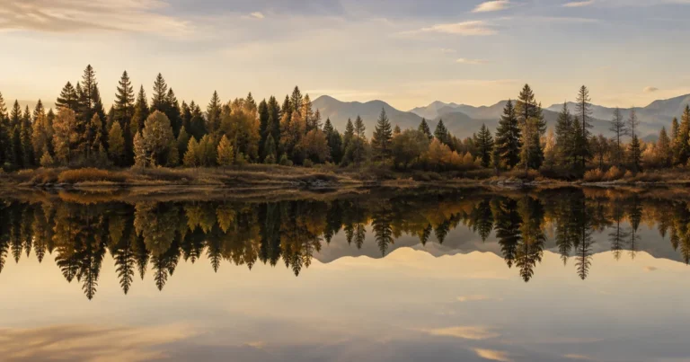 A still pond reflecting trees and sky perfectly with no ripples on the surface