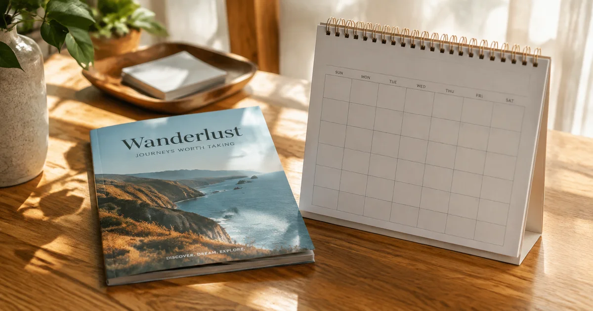 An unused travel brochure resting beside a blank calendar page in soft window light