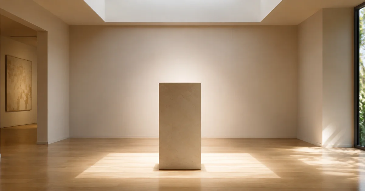 A single empty pedestal in a sunlit gallery room with soft light from above