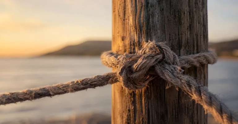 A frayed rope tied in a secure knot around a wooden post in soft outdoor light