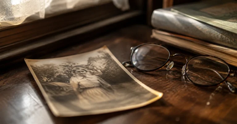 An old photograph slightly out of focus resting on a wooden desk beside reading glasses