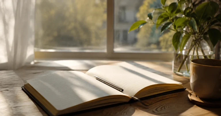 An open notebook on a table with a pen resting on a half-written page in soft morning light