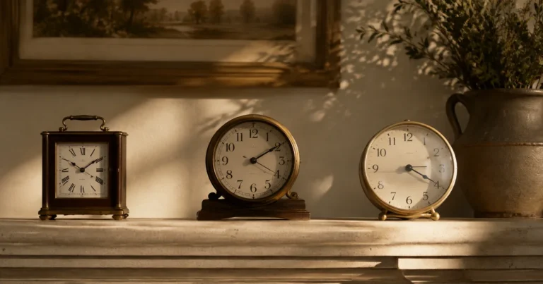 Three different clocks on a mantelpiece all showing slightly different times in soft afternoon light