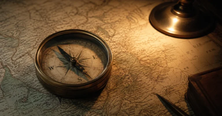 A compass resting on an old map with the needle slightly askew under soft desk lamp light