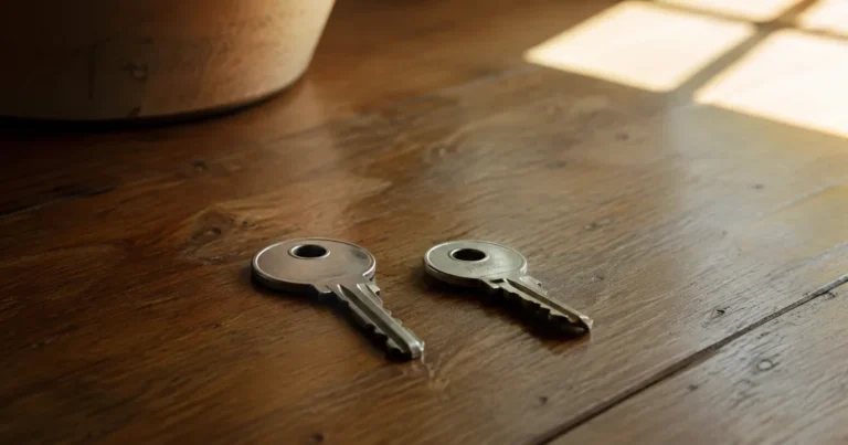 Two identical keys resting on a table, one slightly bent out of shape, in soft window light