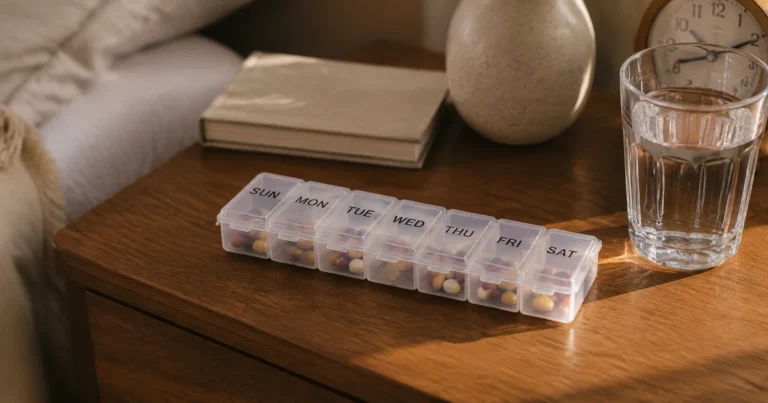 An unopened pill organizer resting on a nightstand beside a glass of water in soft morning light