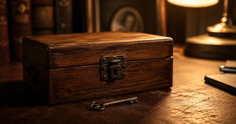 A locked wooden box with a small key resting beside it on a desk in soft evening lamp light