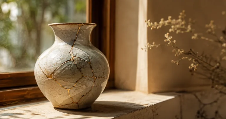 A cracked ceramic vase mended with visible seams resting on a sunlit windowsill