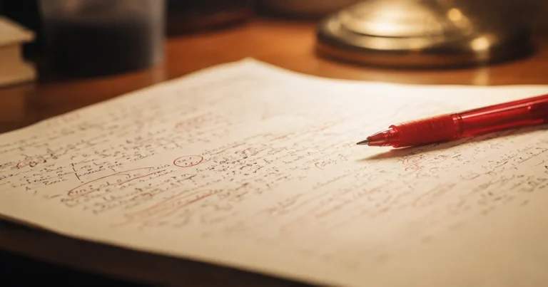 A red pen resting beside a handwritten page covered in small correction marks under soft desk light