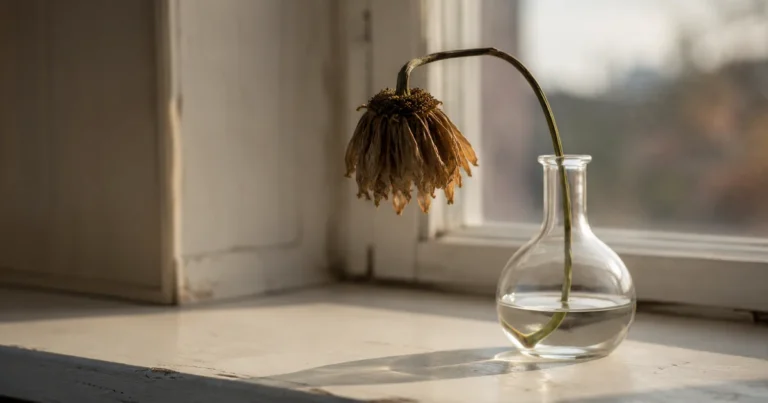 A single wilted flower resting in a clear glass vase on a windowsill in soft afternoon light
