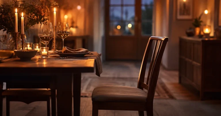An empty chair pulled slightly away from a set dinner table under soft evening candlelight