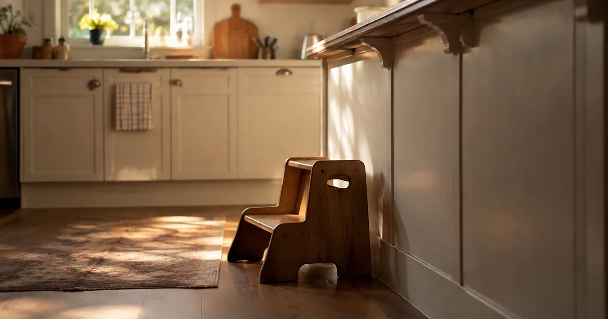 A small step stool placed beside a tall kitchen counter in soft morning light