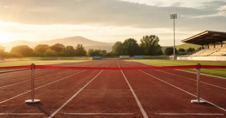 A finish-line ribbon set up mid-field before the actual track's end in soft late-afternoon light