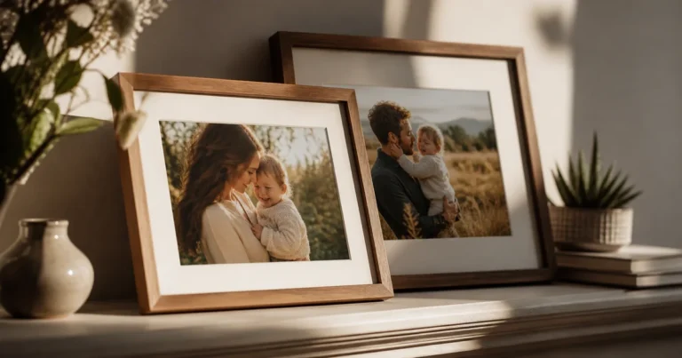 Two framed photographs on a mantel, one slightly angled forward of the other, in soft afternoon light