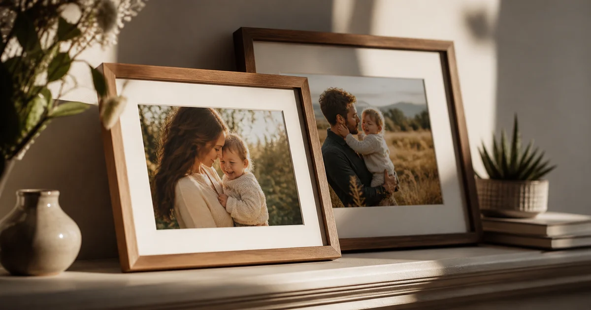 Two framed photographs on a mantel, one slightly angled forward of the other, in soft afternoon light
