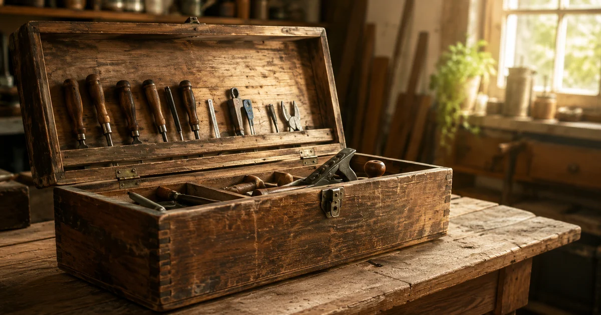 A weathered wooden toolbox left open on a workbench with tools neatly arranged in soft afternoon light
