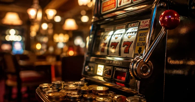 A slot machine lever resting mid-pull with coins scattered nearby under soft ambient light