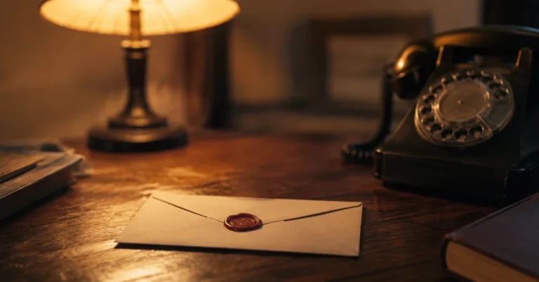 A sealed envelope resting on a desk beside an old rotary telephone under soft evening lamp light