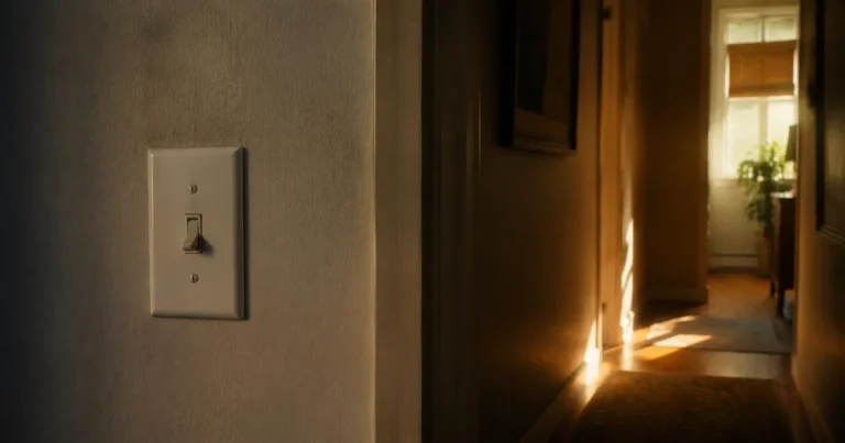 A light switch on a wall with a half-lit hallway beyond it in soft ambient glow