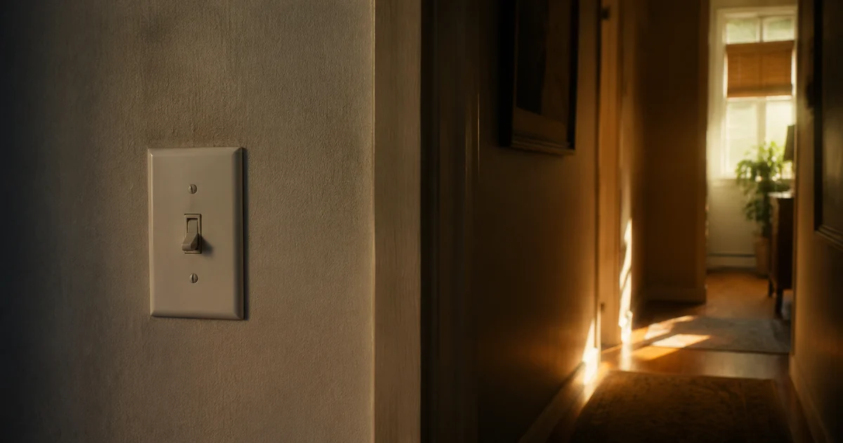A light switch on a wall with a half-lit hallway beyond it in soft ambient glow