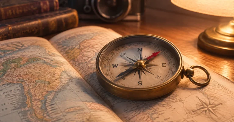 A compass with a slightly loose needle resting on an open map under soft desk lamp light